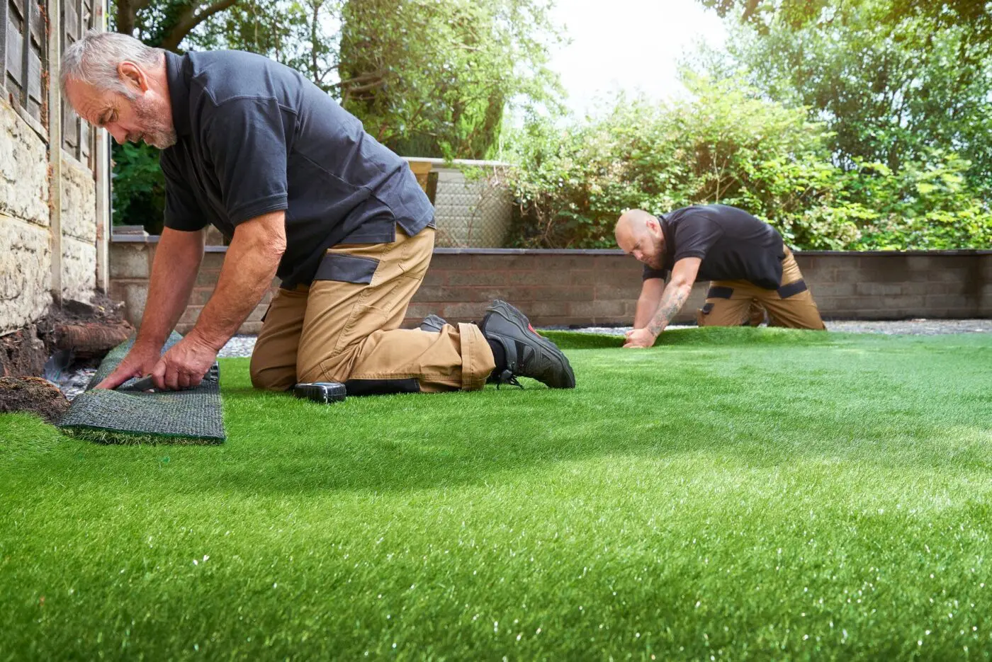 Two experienced installers are kneeling on the ground in Reno, NV, setting up a backyard putting green. Both are wearing black shirts and khaki pants. One worker is aligning the edge of the grass near a wall, while the other smooths it out. Trees and greenery are visible in the background.