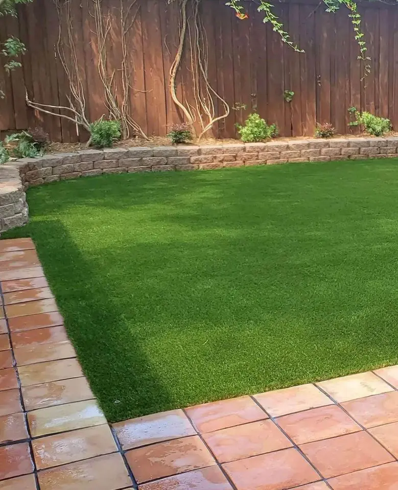 a bird's eye view of an artificial backyard turf landscaped by Reno Turf Masters