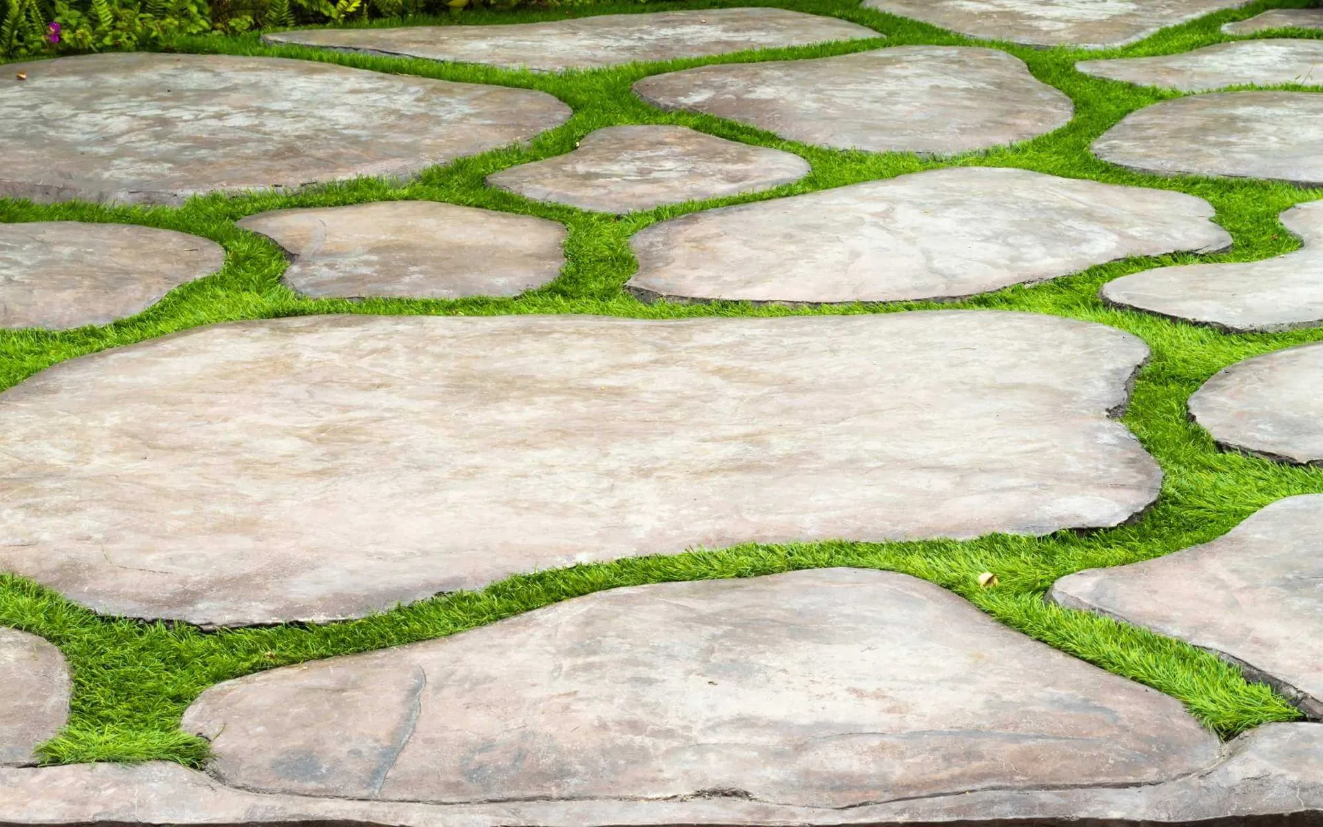 artificial grass between large paving stones